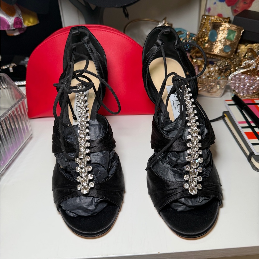 JIMMY CHOO elegant Black Satin Women's Shoes with Rhinestone Detailing